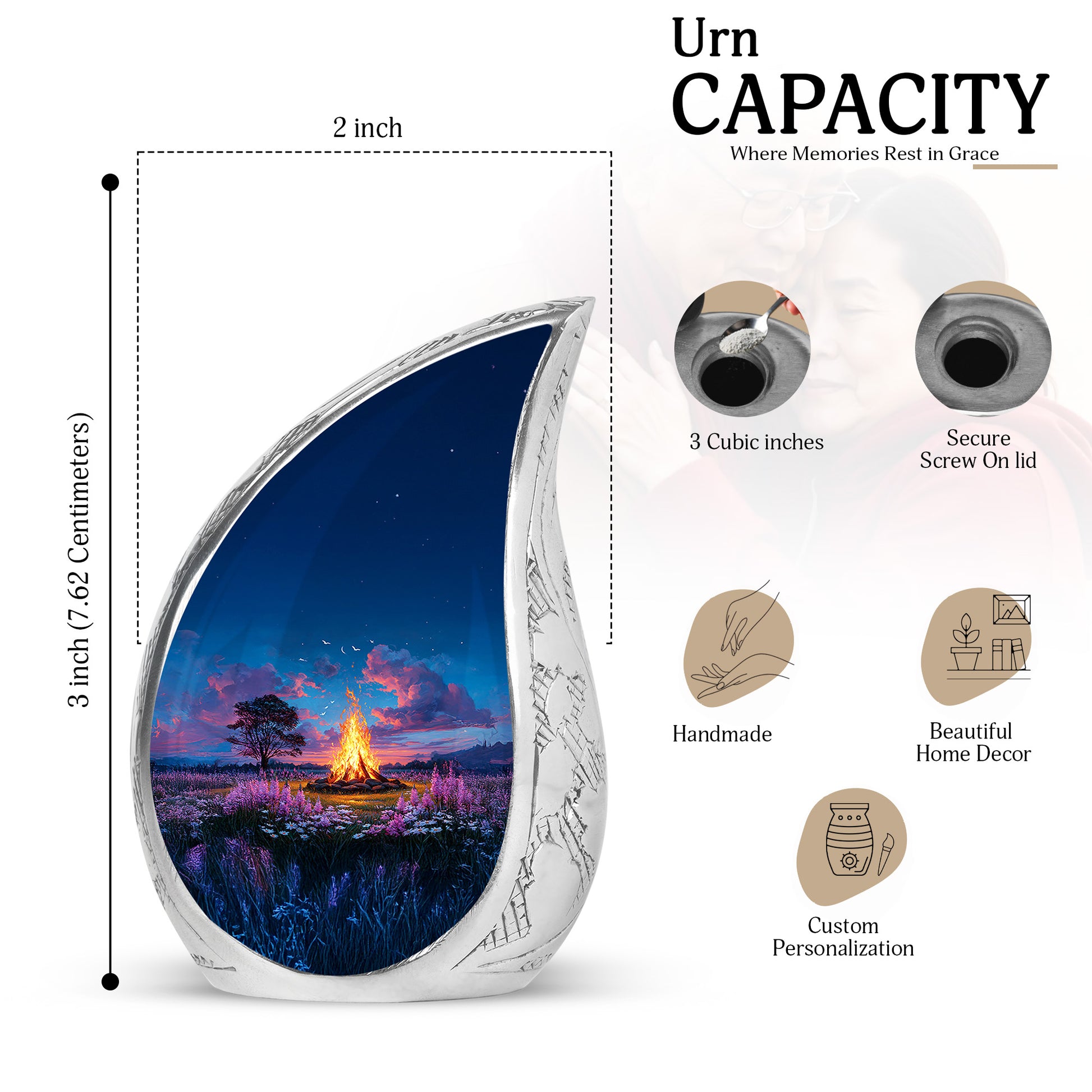 Cornflower Blue Campfire Cremation Urn angled view of lid and engraved motif - smooth teardrop contour featuring campfire art - mini keepsake memorial for portion of cremation ashes