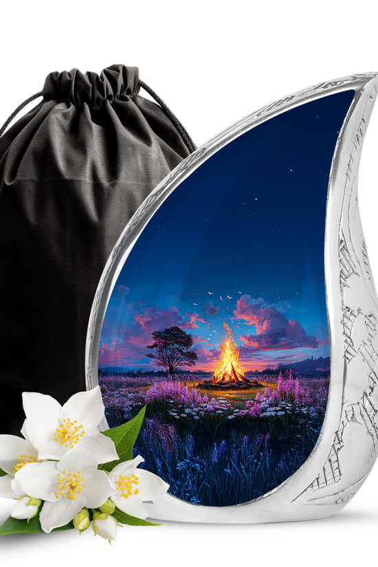 Navy Blue Campfire Cremation Urn front view showing detailed design - rounded teardrop campfire design with delicate detail - full-size 10 inch 200 cubic inch adult cremation urn