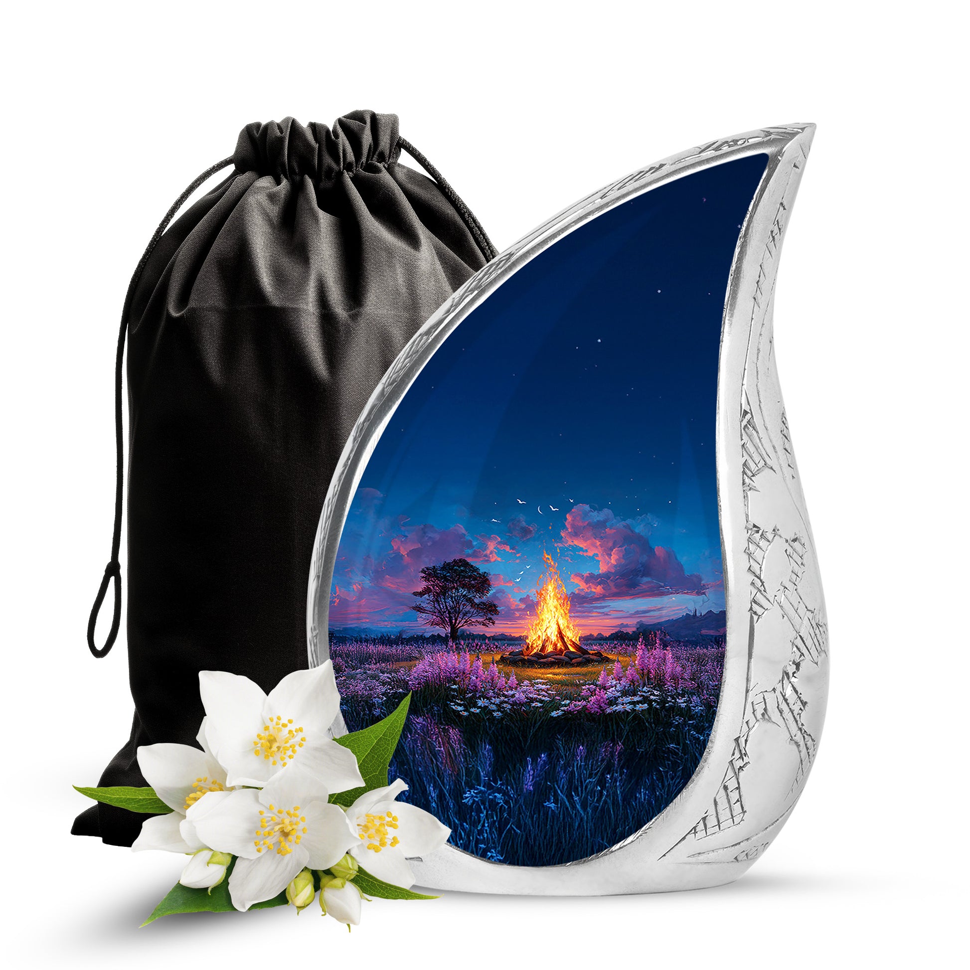 Navy Blue Campfire Cremation Urn front view showing detailed design - rounded teardrop campfire design with delicate detail - full-size 10 inch 200 cubic inch adult cremation urn