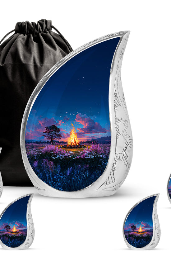 Bright Blue Campfire Cremation Urn side profile showing urn shape - graceful tear-shaped urn with campfire motif - memorial set with one large and four small urns