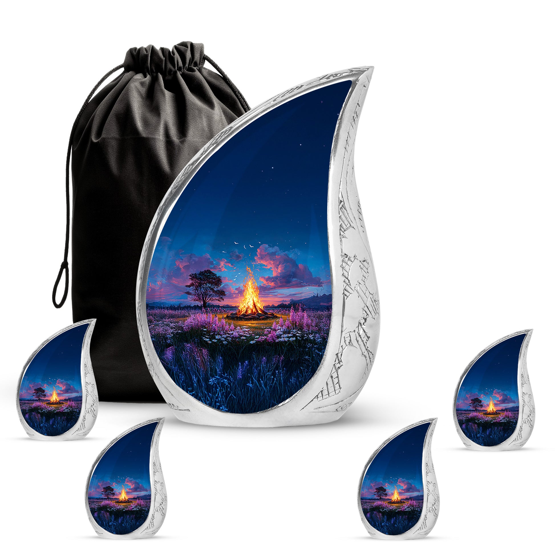 Bright Blue Campfire Cremation Urn side profile showing urn shape - graceful tear-shaped urn with campfire motif - memorial set with one large and four small urns