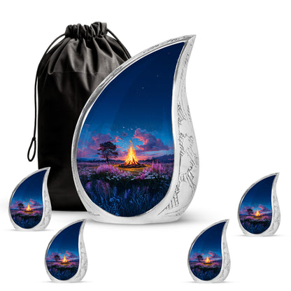 Bright Blue Campfire Cremation Urn side profile showing urn shape - graceful tear-shaped urn with campfire motif - memorial set with one large and four small urns