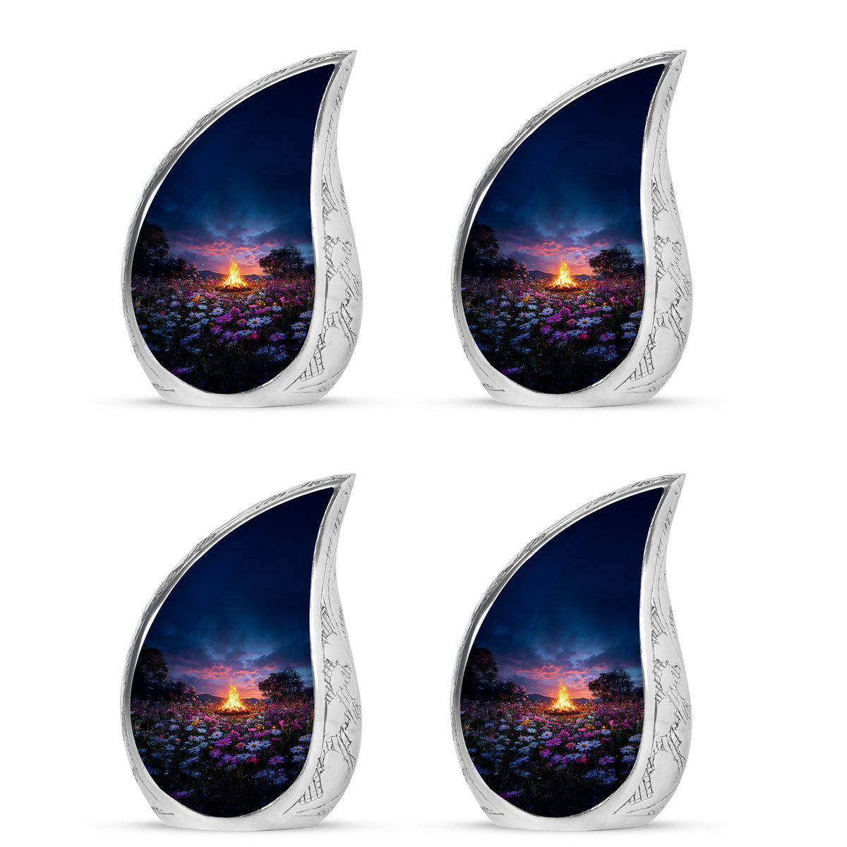 Royal Blue Campfire Cremation Urn close-up of engraving and surface detail - graceful tear-shaped urn with campfire motif - 10 inch aluminum urn for cremated remains