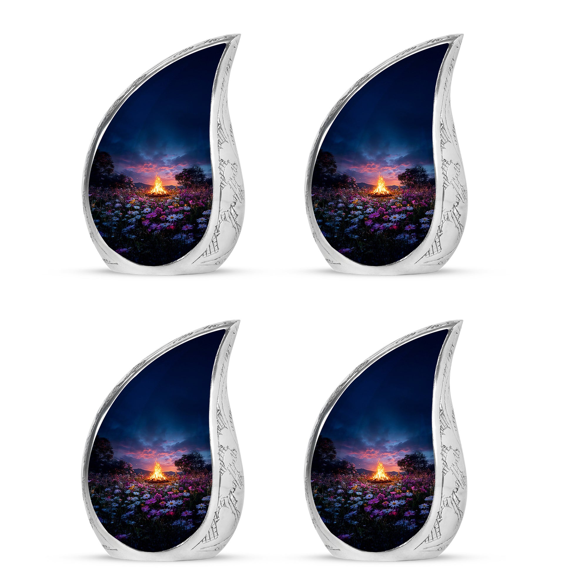 Royal Blue Campfire Cremation Urn close-up of engraving and surface detail - graceful tear-shaped urn with campfire motif - 10 inch aluminum urn for cremated remains