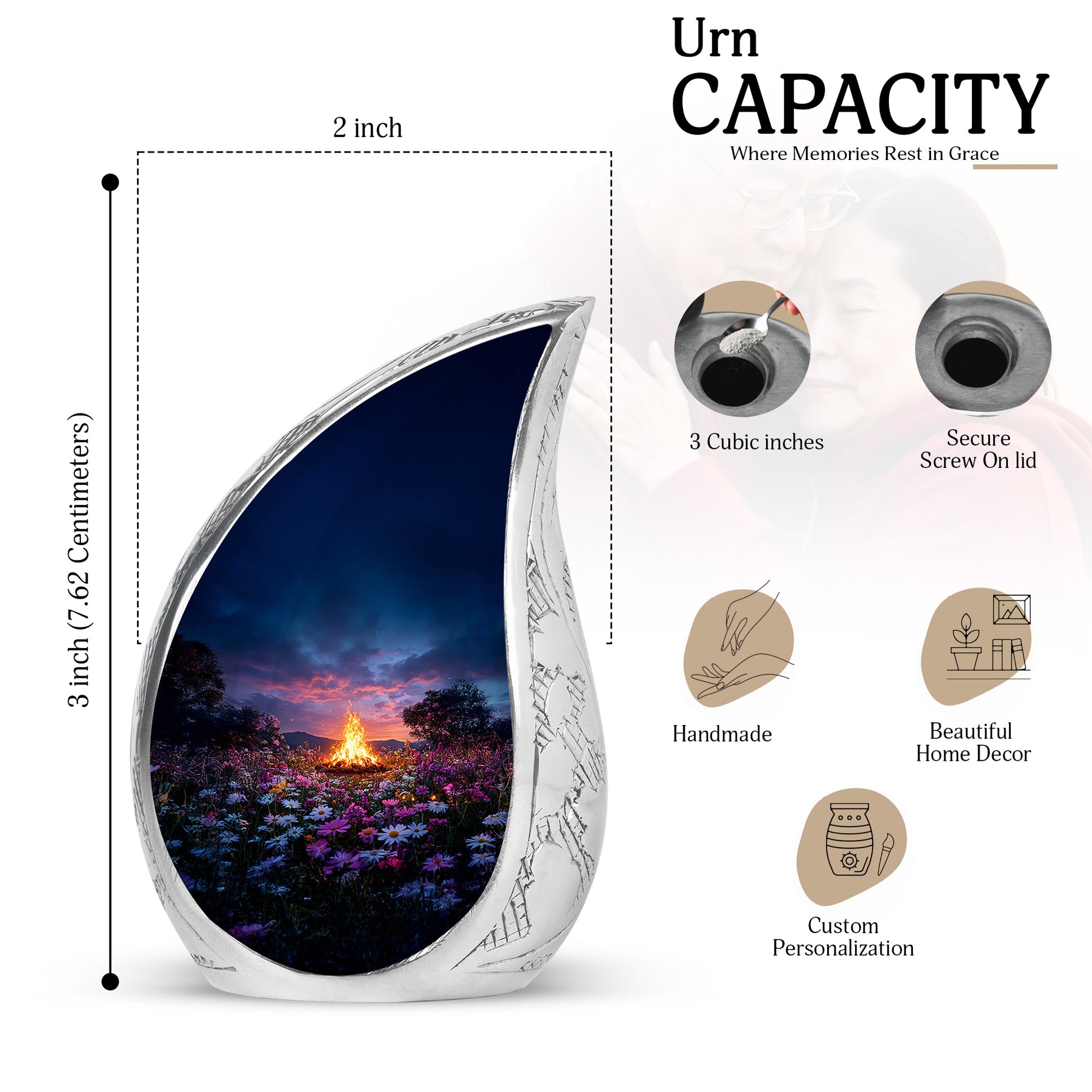 Powder Blue Campfire Cremation Urn angled view of lid and engraved motif - flowing teardrop campfire silhouette on curved aluminum - mini keepsake memorial for portion of cremation ashes