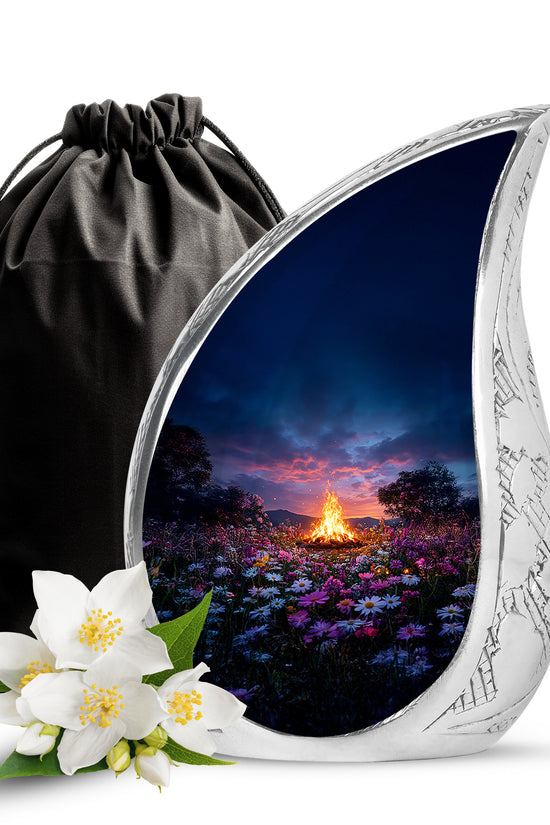 Celestial Blue Campfire Cremation Urn front view showing detailed design - flowing teardrop campfire silhouette on curved aluminum - full-size 10 inch 200 cubic inch adult cremation urn