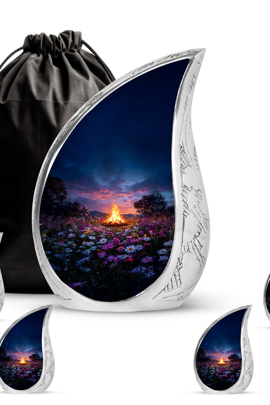 Azure Campfire Cremation Urn side profile showing urn shape - rounded teardrop campfire design with delicate detail - memorial set with one large and four small urns