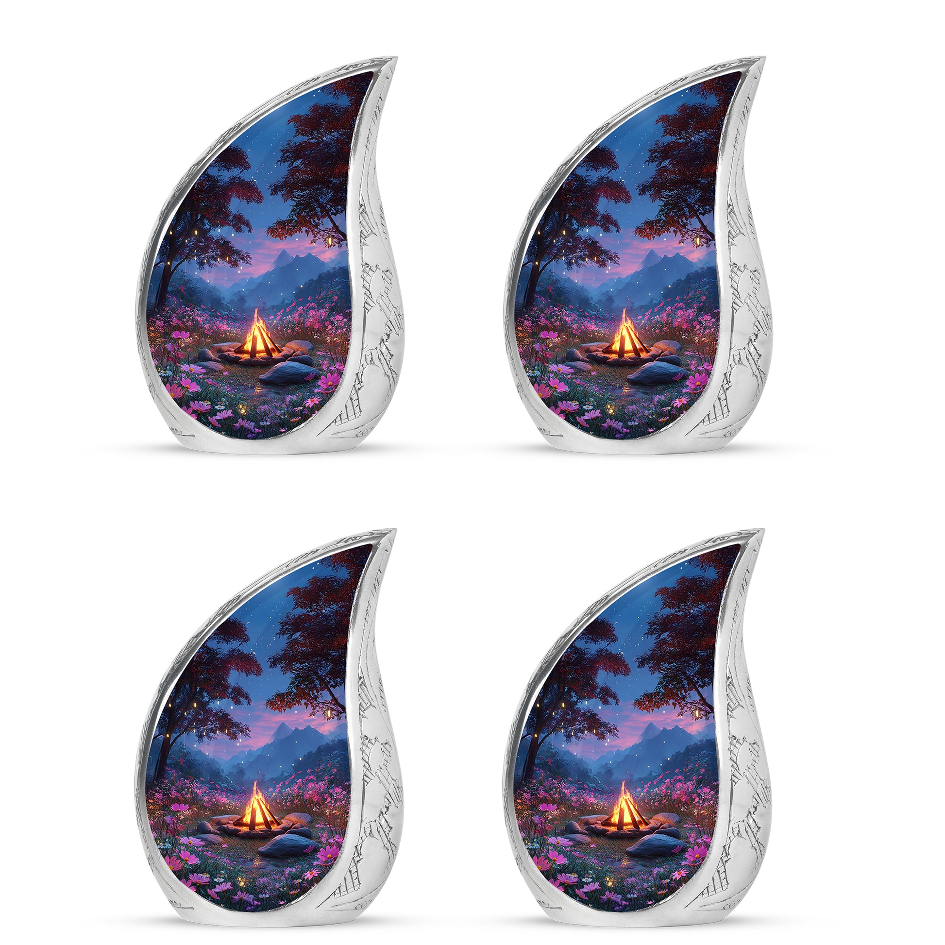 Twilight Blue Campfire Cremation Urn close-up of engraving and surface detail - graceful tear-shaped urn with campfire motif - 10 inch aluminum urn for cremated remains