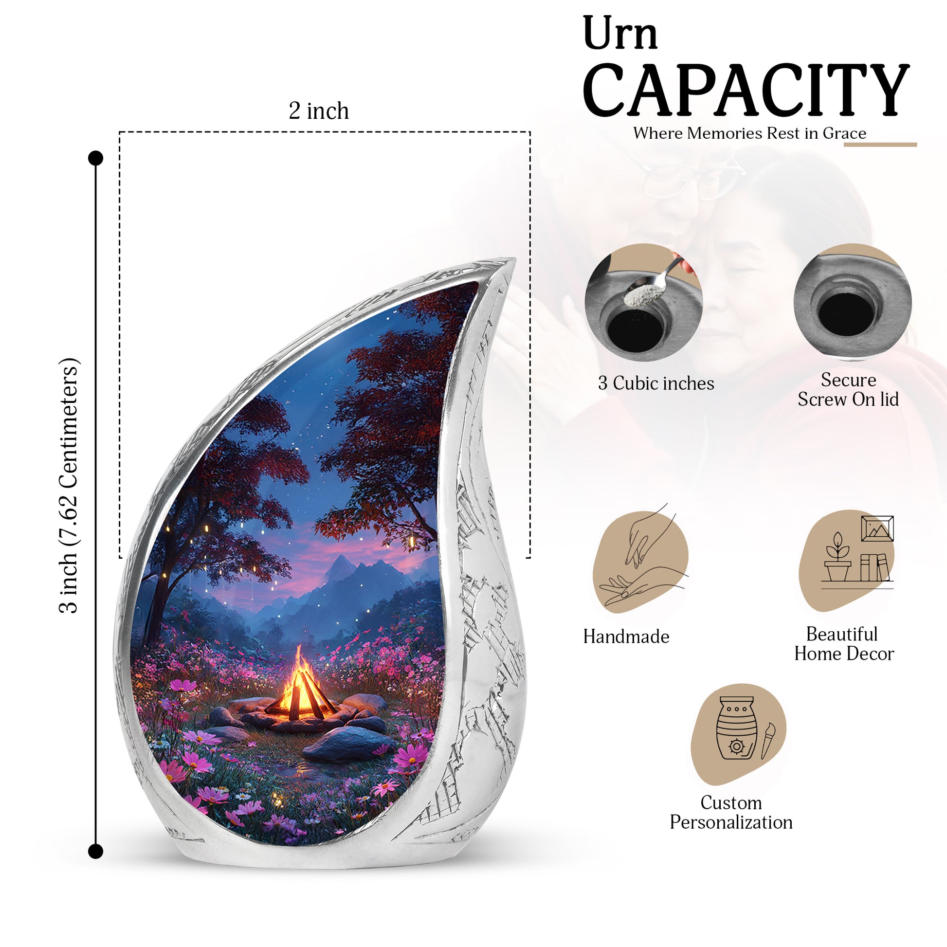 Azure Campfire Cremation Urn angled view of lid and engraved motif - rounded teardrop campfire design with delicate detail - mini keepsake memorial for portion of cremation ashes