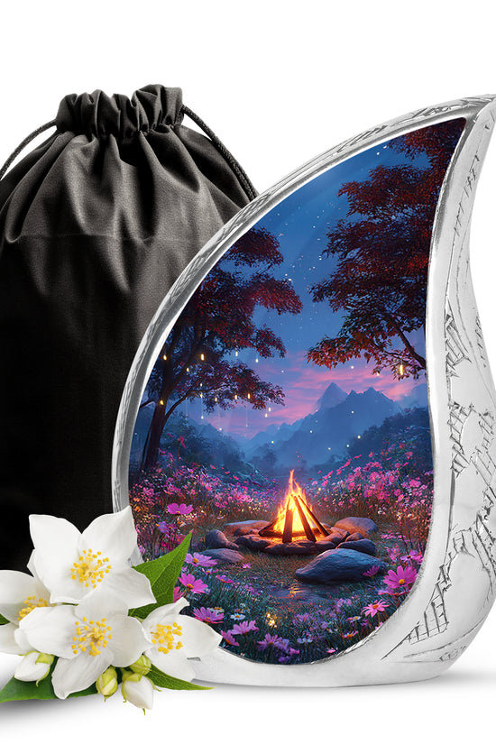 Royal Blue Campfire Cremation Urn front view showing detailed design - graceful tear-shaped urn with campfire motif - full-size 10 inch 200 cubic inch adult cremation urn