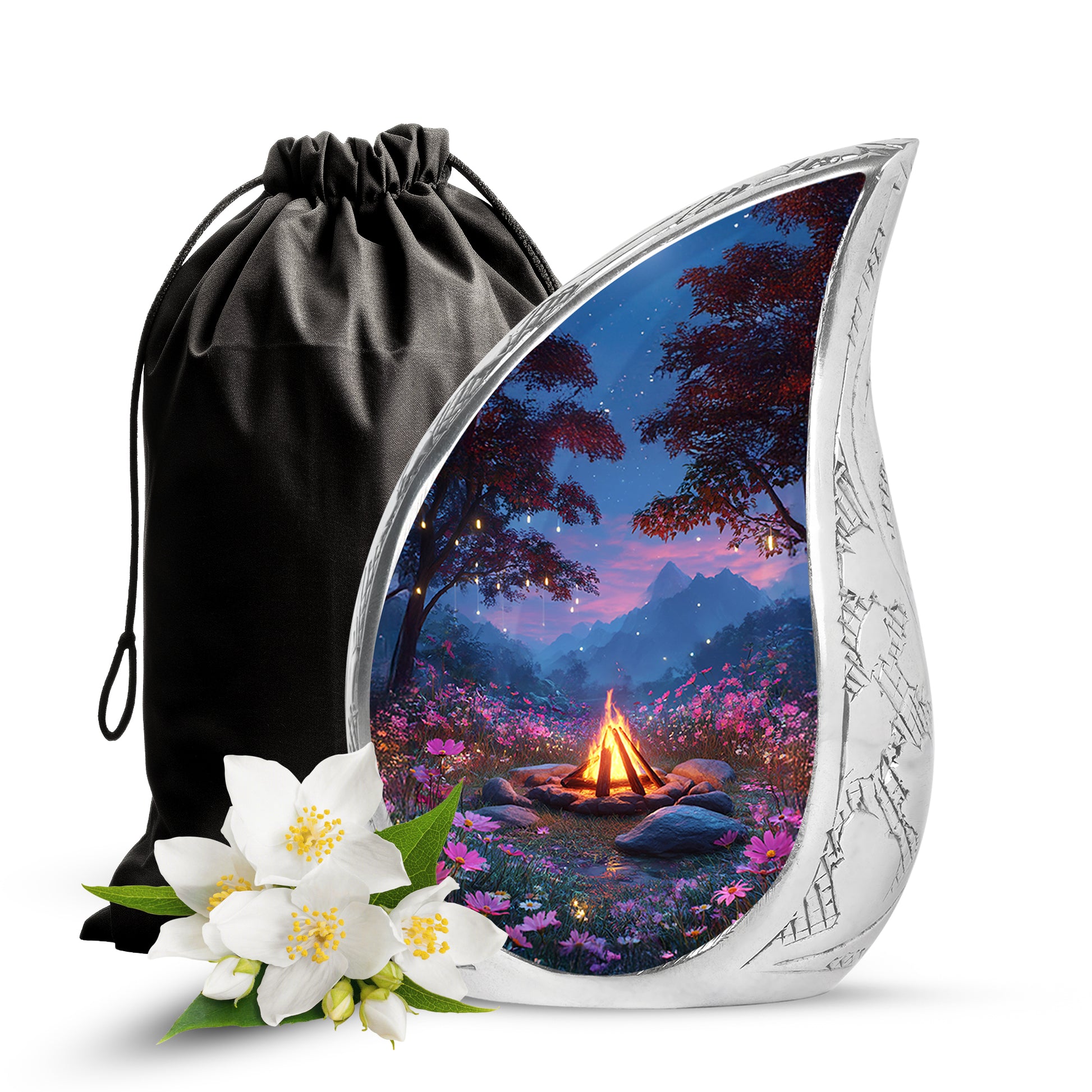 Royal Blue Campfire Cremation Urn front view showing detailed design - graceful tear-shaped urn with campfire motif - full-size 10 inch 200 cubic inch adult cremation urn