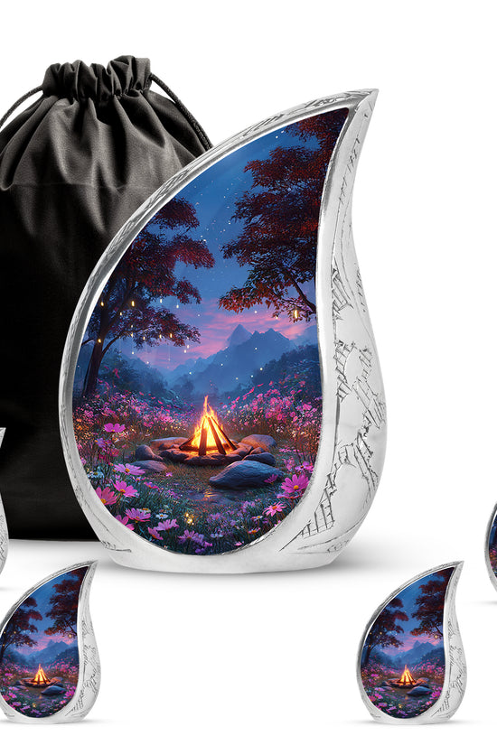 Slate Blue Campfire Cremation Urn side profile showing urn shape - rounded teardrop campfire design with delicate detail - memorial set with one large and four small urns