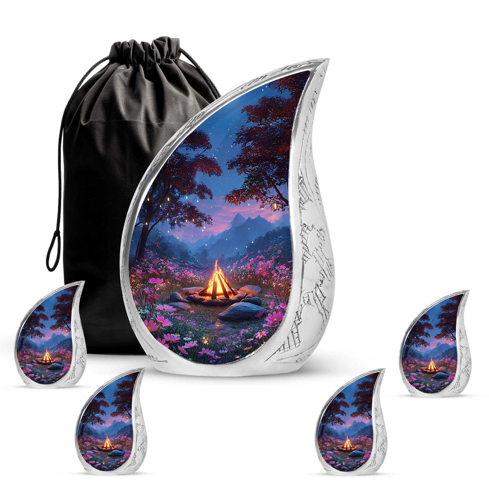 Slate Blue Campfire Cremation Urn side profile showing urn shape - rounded teardrop campfire design with delicate detail - memorial set with one large and four small urns