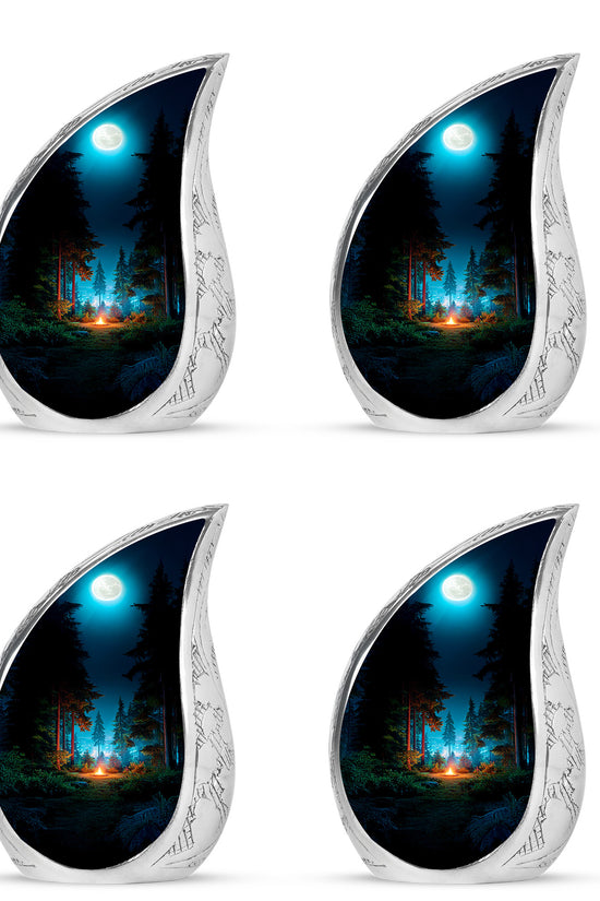 Onyx Black Campfire Cremation Urn close-up of engraving and surface detail - smooth teardrop contour featuring campfire art - 10 inch aluminum urn for cremated remains