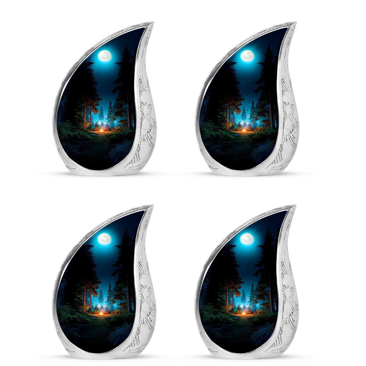 Onyx Black Campfire Cremation Urn close-up of engraving and surface detail - smooth teardrop contour featuring campfire art - 10 inch aluminum urn for cremated remains
