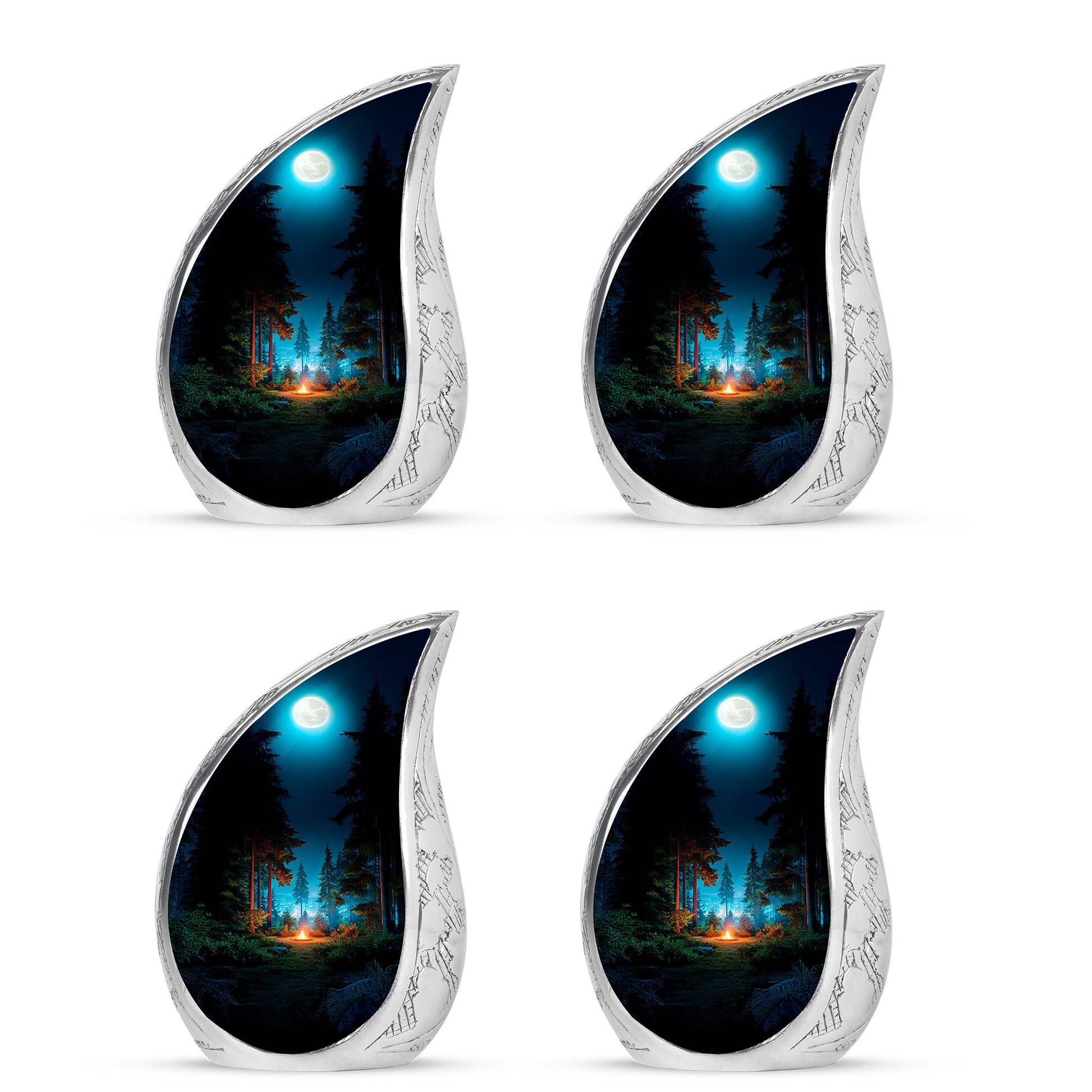 Onyx Black Campfire Cremation Urn close-up of engraving and surface detail - smooth teardrop contour featuring campfire art - 10 inch aluminum urn for cremated remains