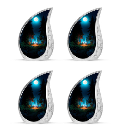 Onyx Black Campfire Cremation Urn close-up of engraving and surface detail - smooth teardrop contour featuring campfire art - 10 inch aluminum urn for cremated remains