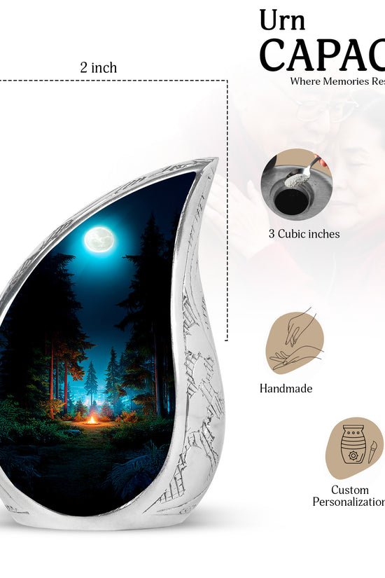 Obsidian Black Campfire Cremation Urn angled view of lid and engraved motif - graceful tear-shaped urn with campfire motif - mini keepsake memorial for portion of cremation ashes