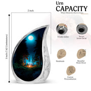 Obsidian Black Campfire Cremation Urn angled view of lid and engraved motif - graceful tear-shaped urn with campfire motif - mini keepsake memorial for portion of cremation ashes