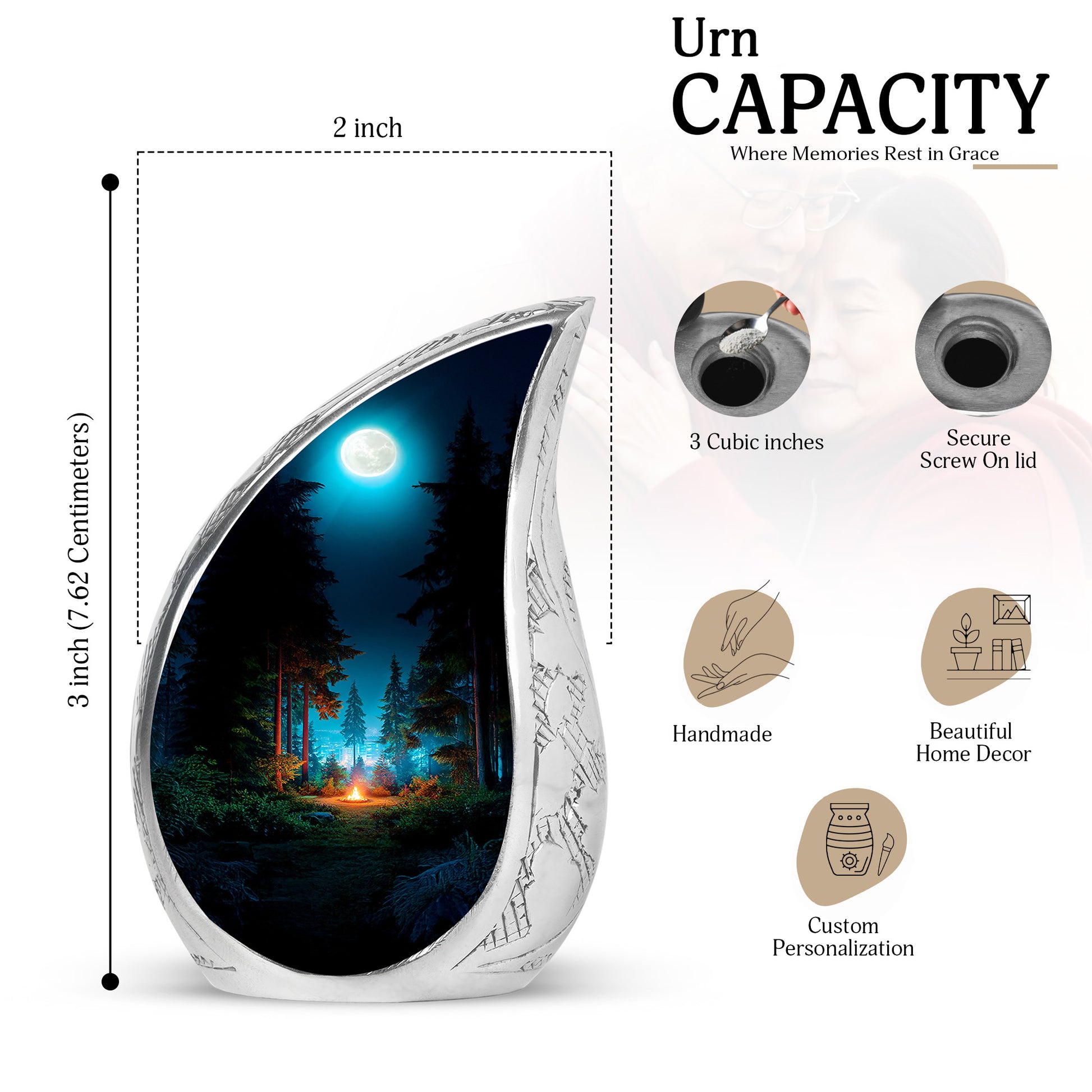 Obsidian Black Campfire Cremation Urn angled view of lid and engraved motif - graceful tear-shaped urn with campfire motif - mini keepsake memorial for portion of cremation ashes