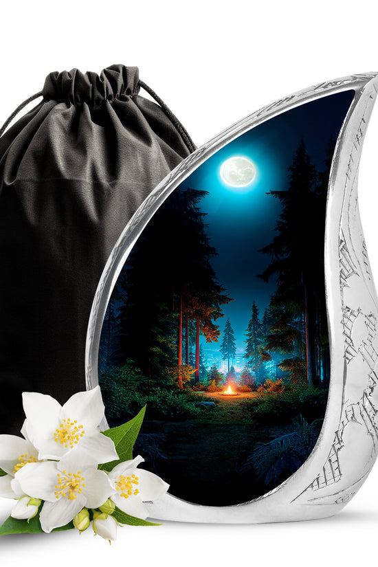 Rich Black Campfire Cremation Urn front view showing detailed design - flowing teardrop campfire silhouette on curved aluminum - full-size 10 inch 200 cubic inch adult cremation urn