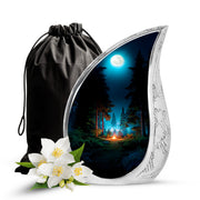 Rich Black Campfire Cremation Urn front view showing detailed design - flowing teardrop campfire silhouette on curved aluminum - full-size 10 inch 200 cubic inch adult cremation urn