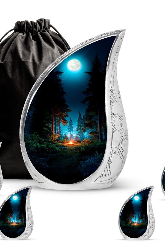 Glossy Black Campfire Cremation Urn side profile showing urn shape - flowing teardrop campfire silhouette on curved aluminum - memorial set with one large and four small urns