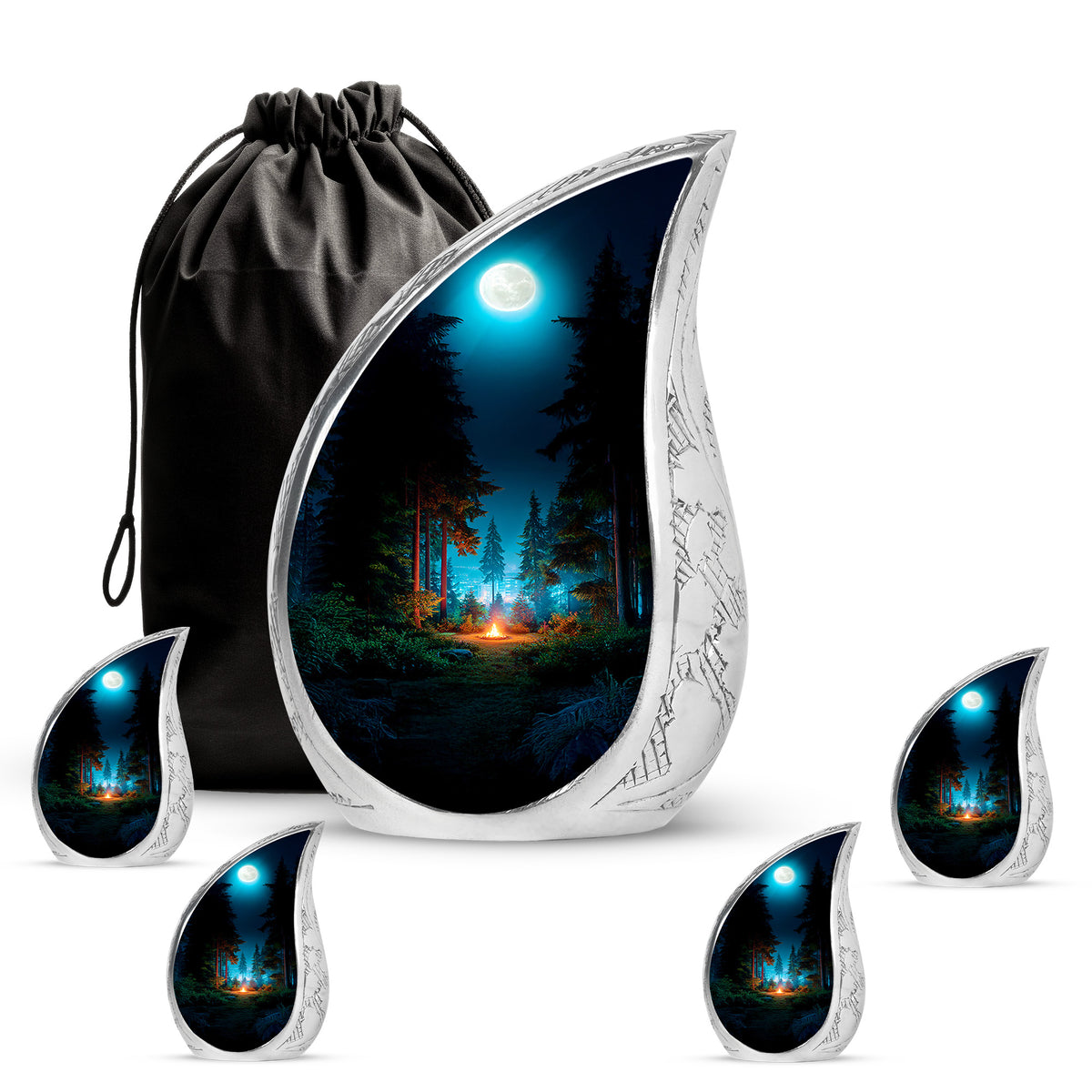 Glossy Black Campfire Cremation Urn side profile showing urn shape - flowing teardrop campfire silhouette on curved aluminum - memorial set with one large and four small urns