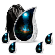 Glossy Black Campfire Cremation Urn side profile showing urn shape - flowing teardrop campfire silhouette on curved aluminum - memorial set with one large and four small urns