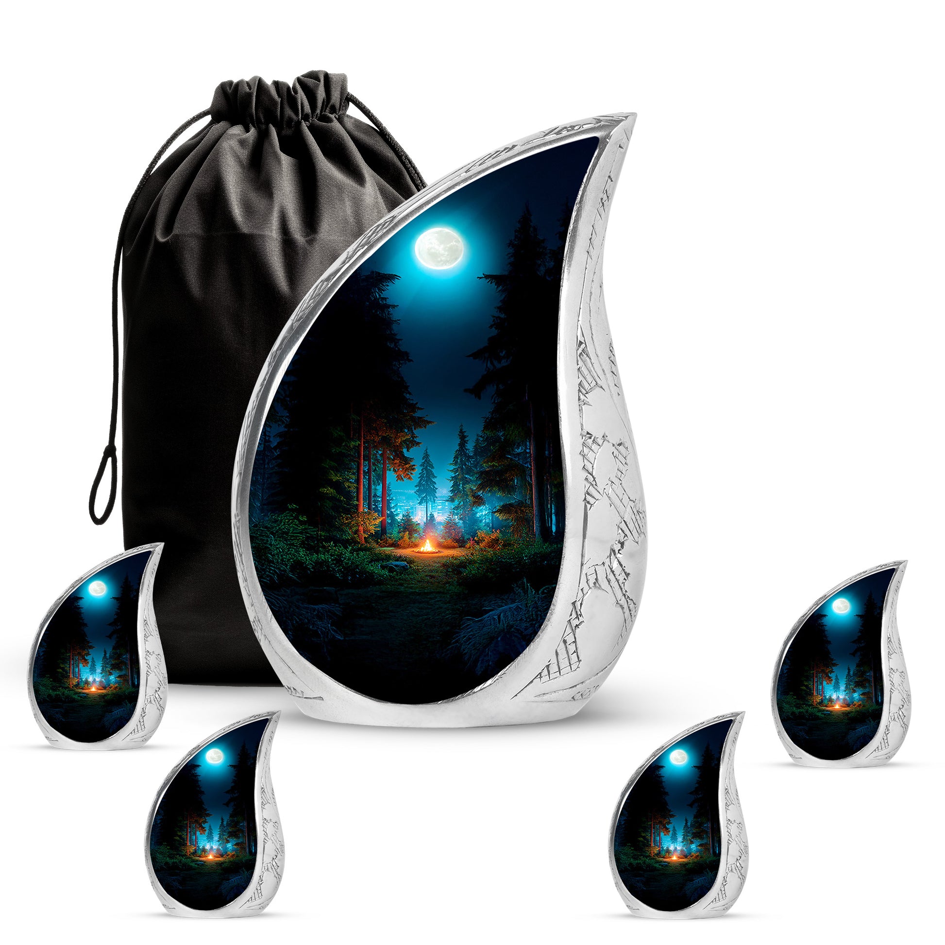 Glossy Black Campfire Cremation Urn side profile showing urn shape - flowing teardrop campfire silhouette on curved aluminum - memorial set with one large and four small urns