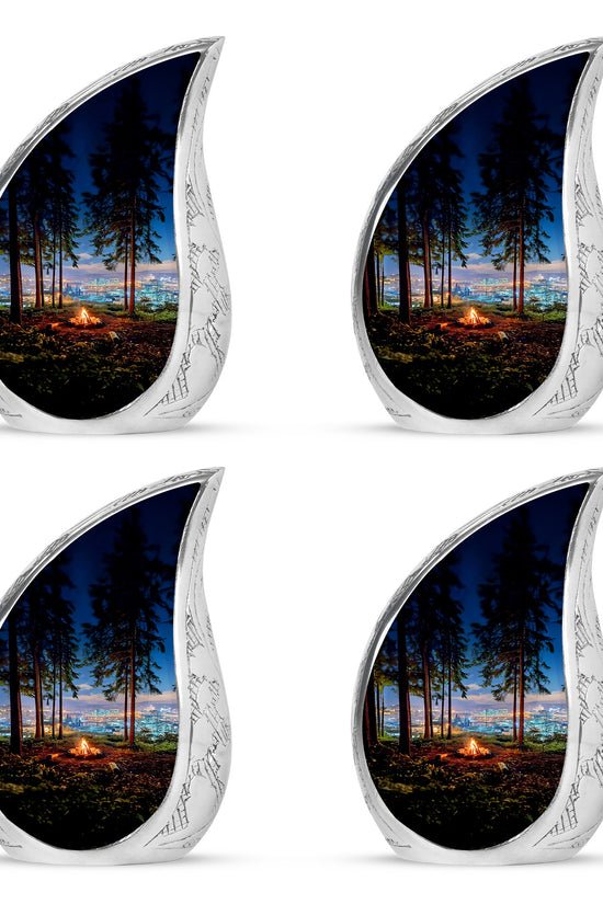 Steel Blue Campfire Cremation Urn close-up of engraving and surface detail - graceful tear-shaped urn with campfire motif - 10 inch aluminum urn for cremated remains