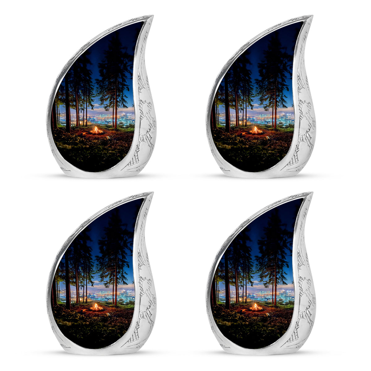 Steel Blue Campfire Cremation Urn close-up of engraving and surface detail - graceful tear-shaped urn with campfire motif - 10 inch aluminum urn for cremated remains