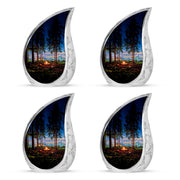 Steel Blue Campfire Cremation Urn close-up of engraving and surface detail - graceful tear-shaped urn with campfire motif - 10 inch aluminum urn for cremated remains