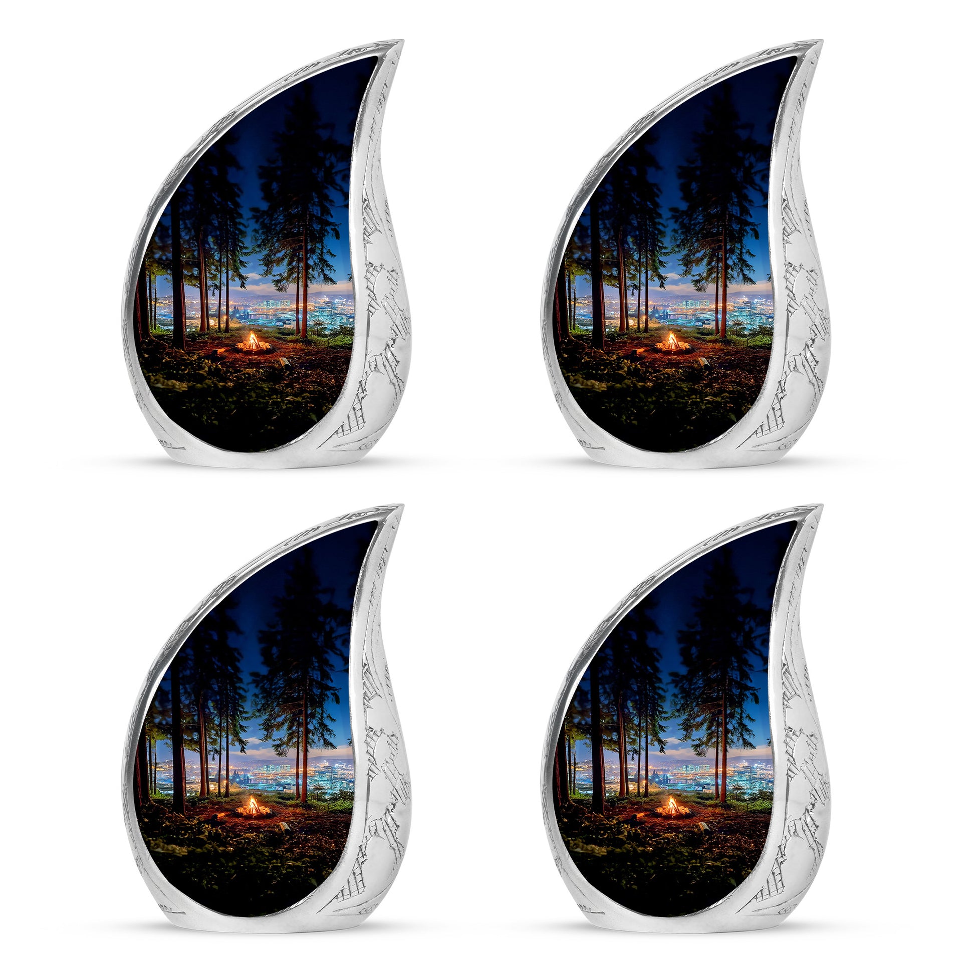 Steel Blue Campfire Cremation Urn close-up of engraving and surface detail - graceful tear-shaped urn with campfire motif - 10 inch aluminum urn for cremated remains