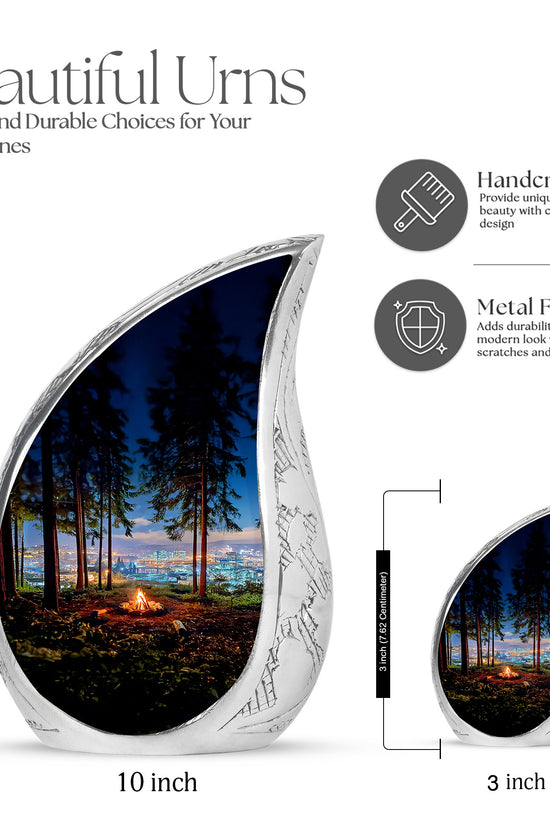 Icy Blue Campfire Cremation Urn angled view of lid and engraved motif - rounded teardrop campfire design with delicate detail - mini keepsake memorial for portion of cremation ashes