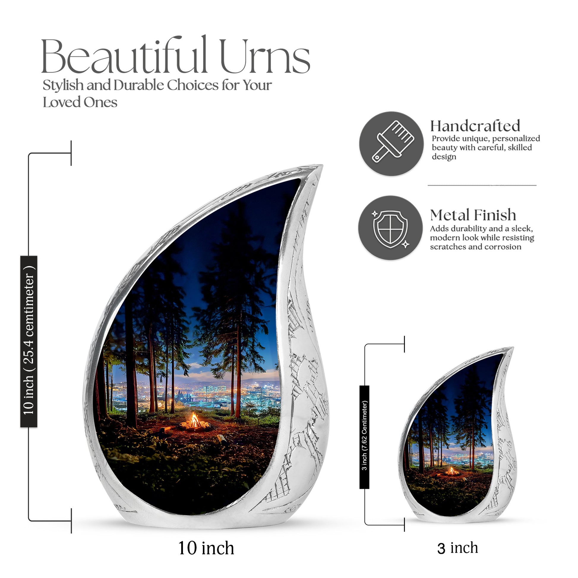 Icy Blue Campfire Cremation Urn angled view of lid and engraved motif - rounded teardrop campfire design with delicate detail - mini keepsake memorial for portion of cremation ashes