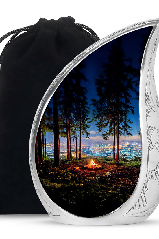 Steel Blue Campfire Cremation Urn front view showing detailed design - graceful tear-shaped urn with campfire motif - full-size 10 inch 200 cubic inch adult cremation urn