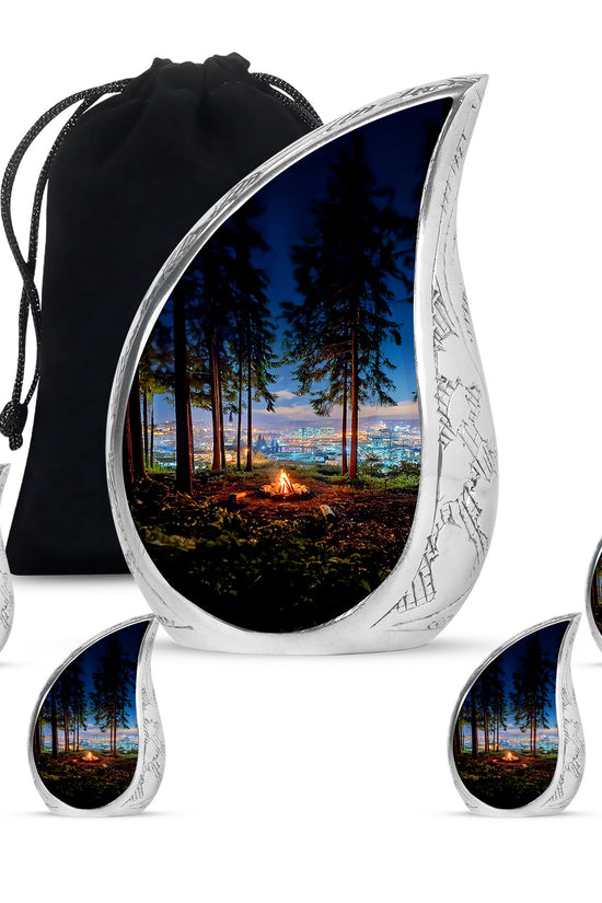 Steel Blue Campfire Cremation Urn side profile showing urn shape - graceful tear-shaped urn with campfire motif - memorial set with one large and four small urns