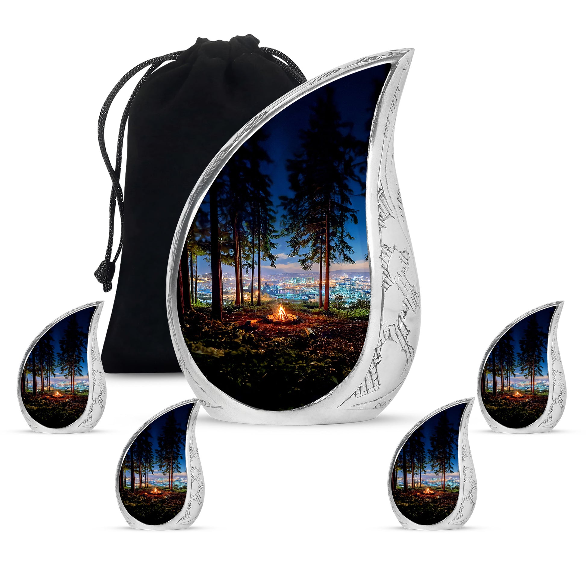 Steel Blue Campfire Cremation Urn side profile showing urn shape - graceful tear-shaped urn with campfire motif - memorial set with one large and four small urns