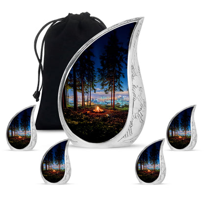 Steel Blue Campfire Cremation Urn side profile showing urn shape - graceful tear-shaped urn with campfire motif - memorial set with one large and four small urns