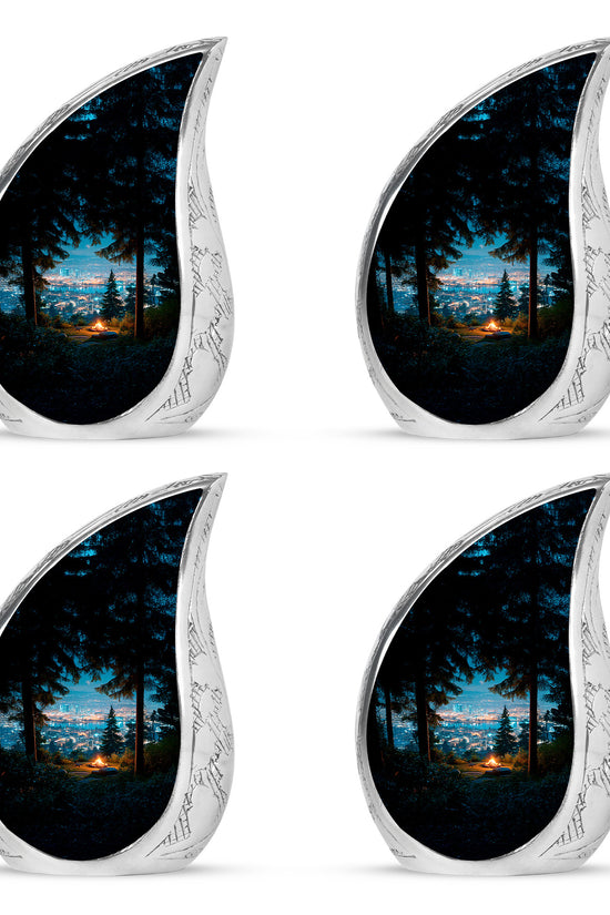 Serene Blue Campfire Cremation Urn close-up of engraving and surface detail - smooth teardrop contour featuring campfire art - 10 inch aluminum urn for cremated remains