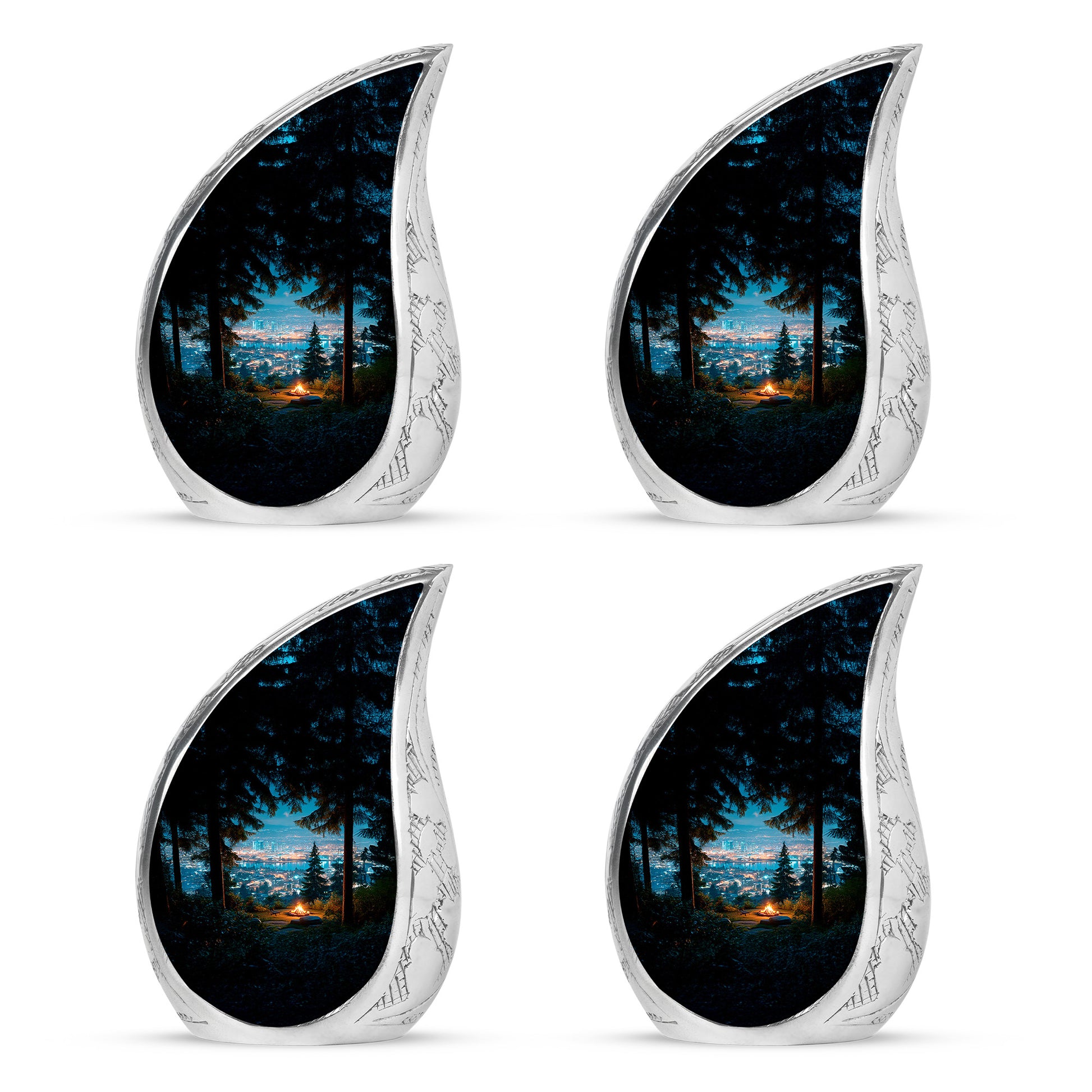 Serene Blue Campfire Cremation Urn close-up of engraving and surface detail - smooth teardrop contour featuring campfire art - 10 inch aluminum urn for cremated remains