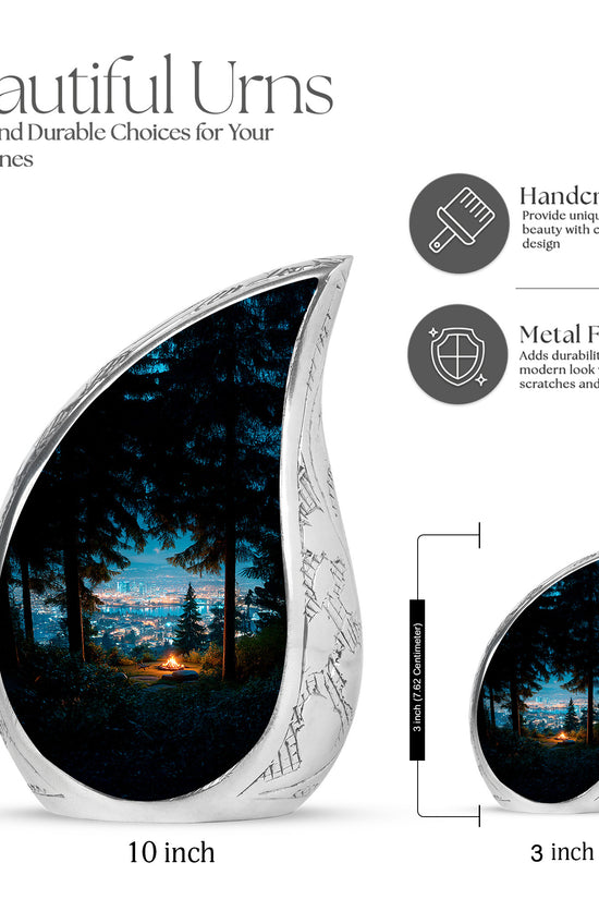 Calming Blue Campfire Cremation Urn angled view of lid and engraved motif - smooth teardrop contour featuring campfire art - mini keepsake memorial for portion of cremation ashes