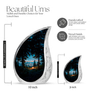 Calming Blue Campfire Cremation Urn angled view of lid and engraved motif - smooth teardrop contour featuring campfire art - mini keepsake memorial for portion of cremation ashes