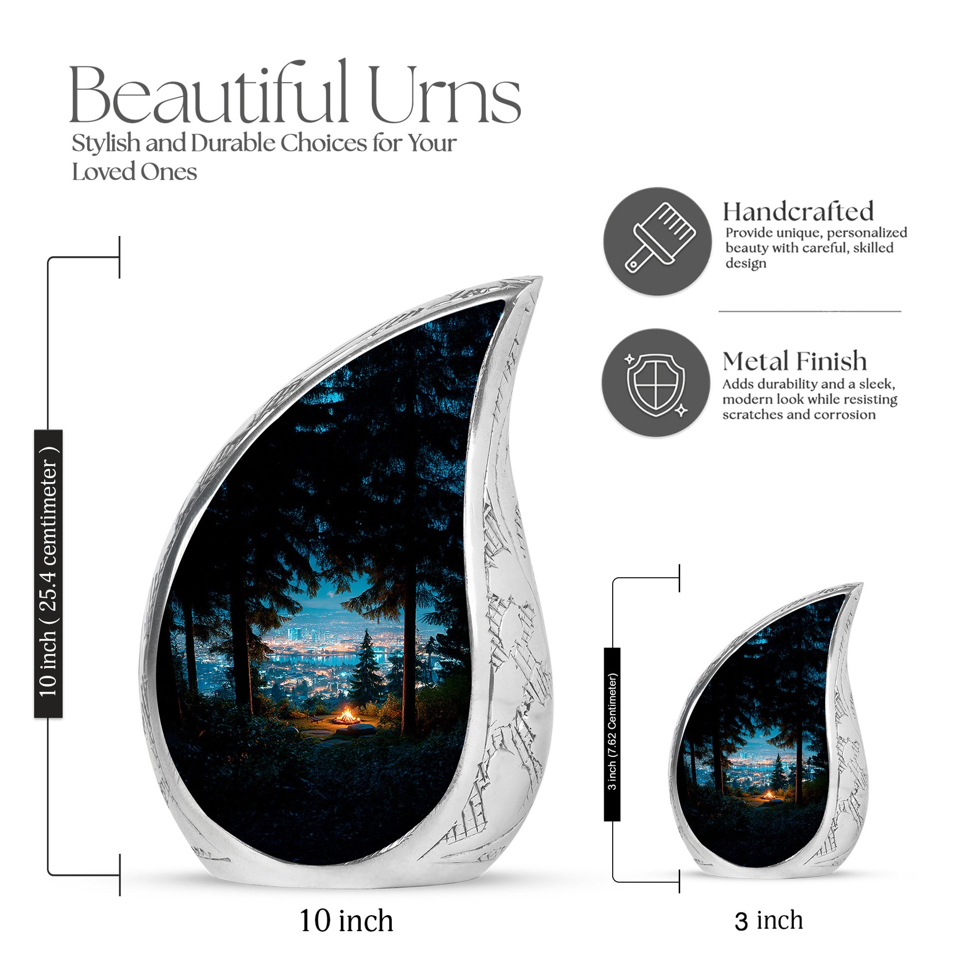 Calming Blue Campfire Cremation Urn angled view of lid and engraved motif - smooth teardrop contour featuring campfire art - mini keepsake memorial for portion of cremation ashes