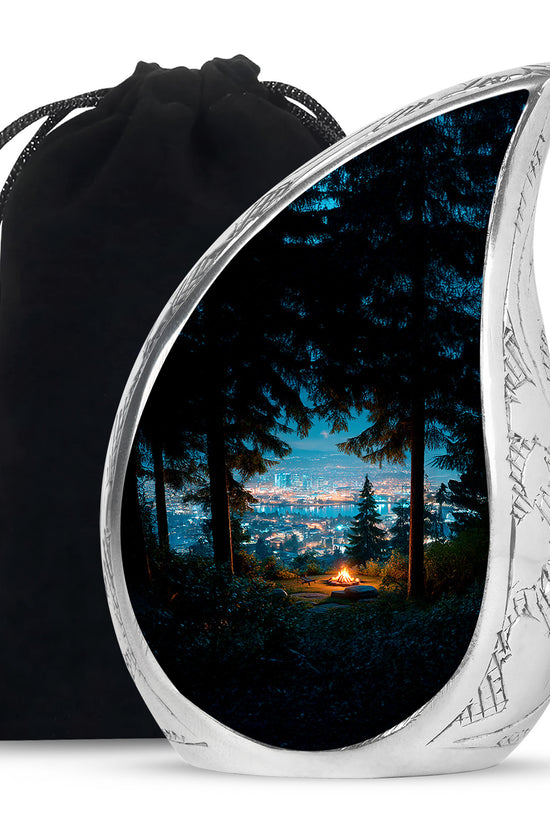 Soft Blue Campfire Cremation Urn front view showing detailed design - graceful tear-shaped urn with campfire motif - full-size 10 inch 200 cubic inch adult cremation urn