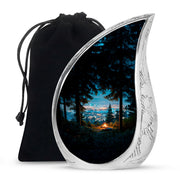 Soft Blue Campfire Cremation Urn front view showing detailed design - graceful tear-shaped urn with campfire motif - full-size 10 inch 200 cubic inch adult cremation urn