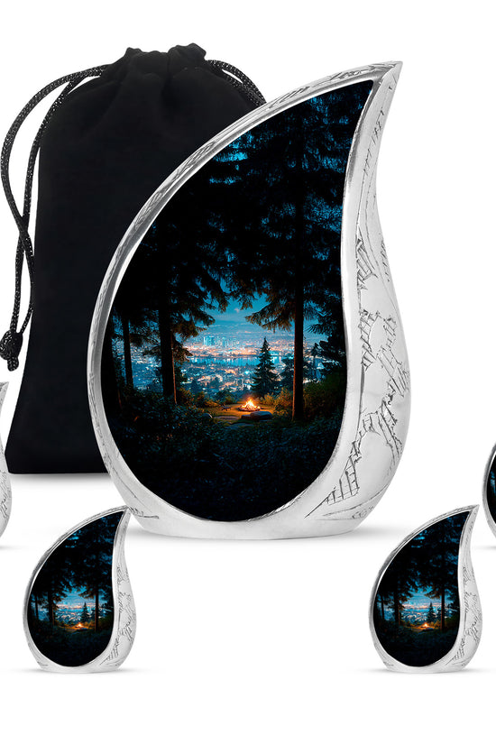 Pastel Blue Campfire Cremation Urn side profile showing urn shape - rounded teardrop campfire design with delicate detail - memorial set with one large and four small urns