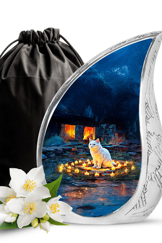 White Cat Cremation Urn - Black Aluminium Funeral Urn For Pet Ashes