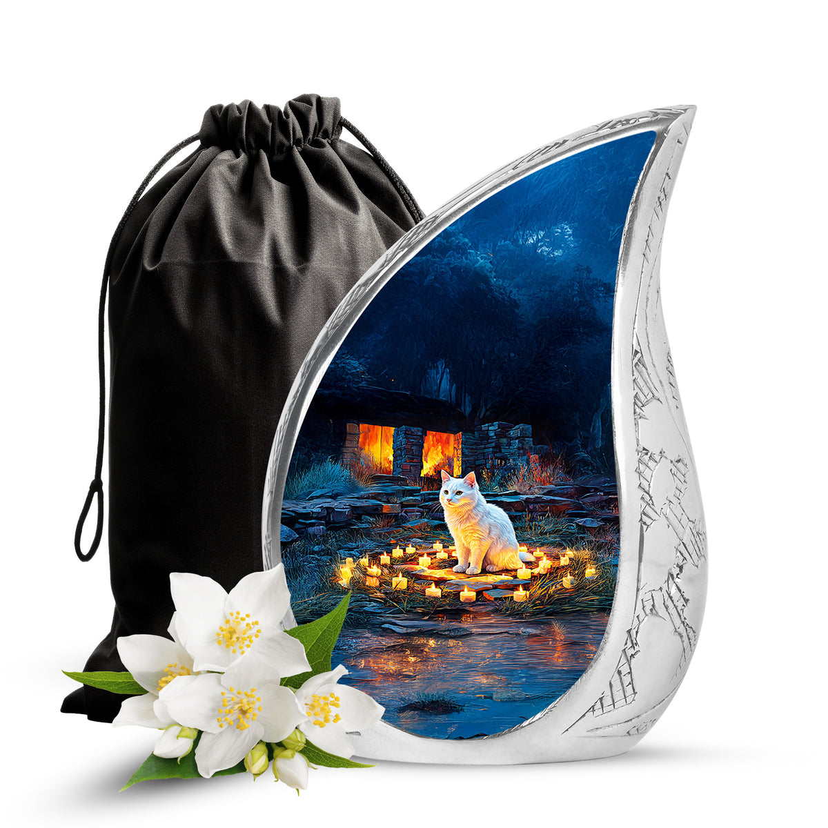 White Cat Cremation Urn - Black Aluminium Funeral Urn For Pet Ashes